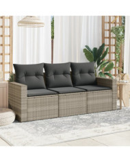 Salon de jardin avec coussins 3 pcs gris clair résine tressée | Mobilier & Déco