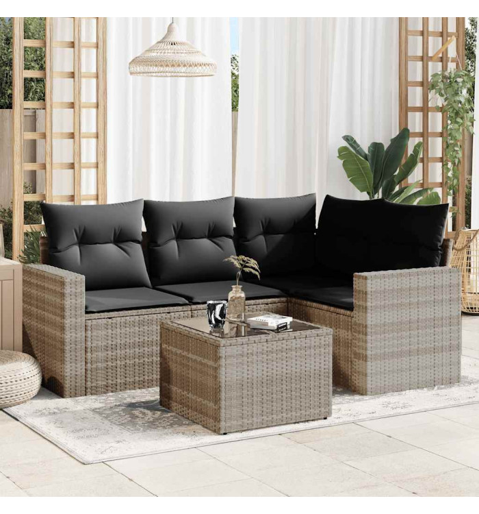 Salon de jardin 5 pcs avec coussins gris clair résine tressée | Mobilier & Déco