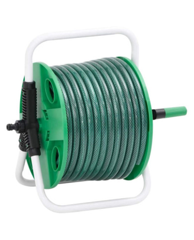 Enrouleur de tuyau vert sur pied avec jeu de raccords de tuyaux | Mobilier & Déco