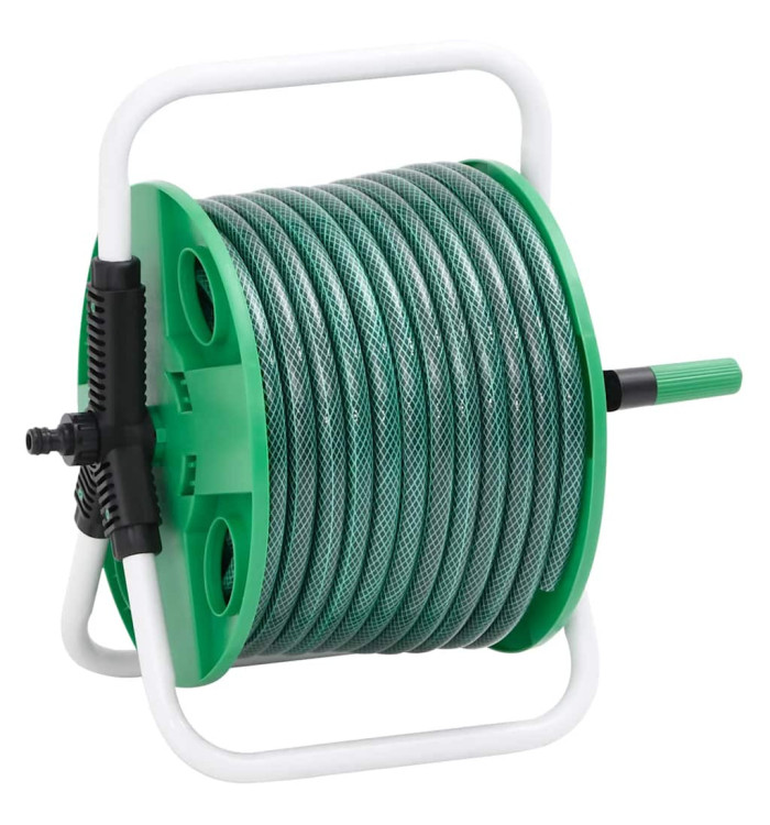 Enrouleur de tuyau vert sur pied avec jeu de raccords de tuyaux | Mobilier & Déco