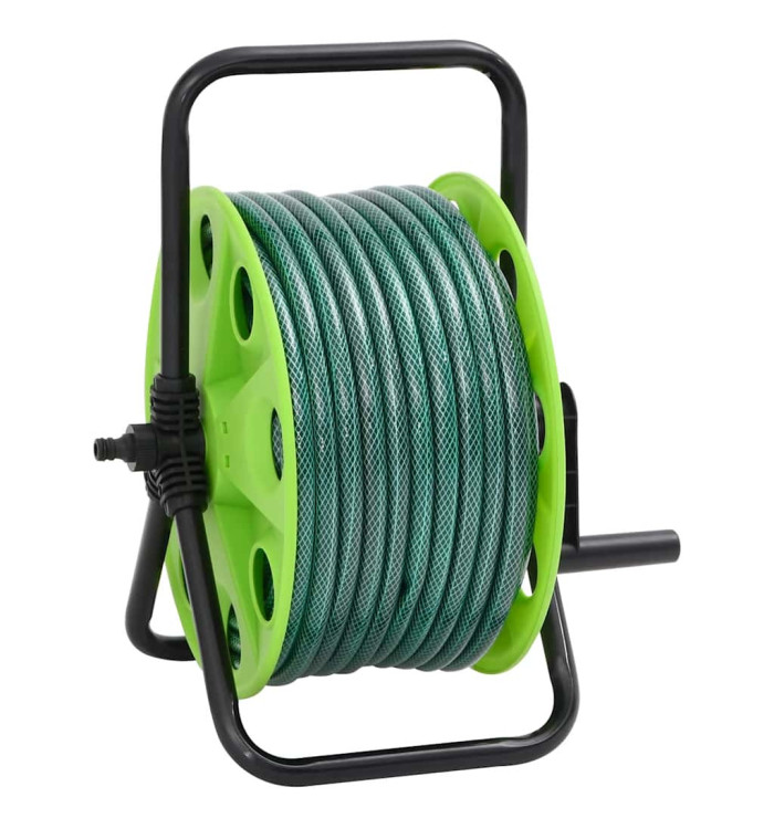 Enrouleur de tuyau vert sur pied avec jeu de raccords de tuyaux | Mobilier & Déco