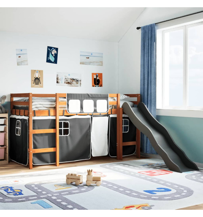 Lit mezzanine enfants et rideaux blanc/noir 80x200cm pin massif | Mobilier & Déco
