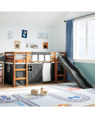 Lit mezzanine enfants et rideaux blanc/noir 80x200cm pin massif | Mobilier & Déco