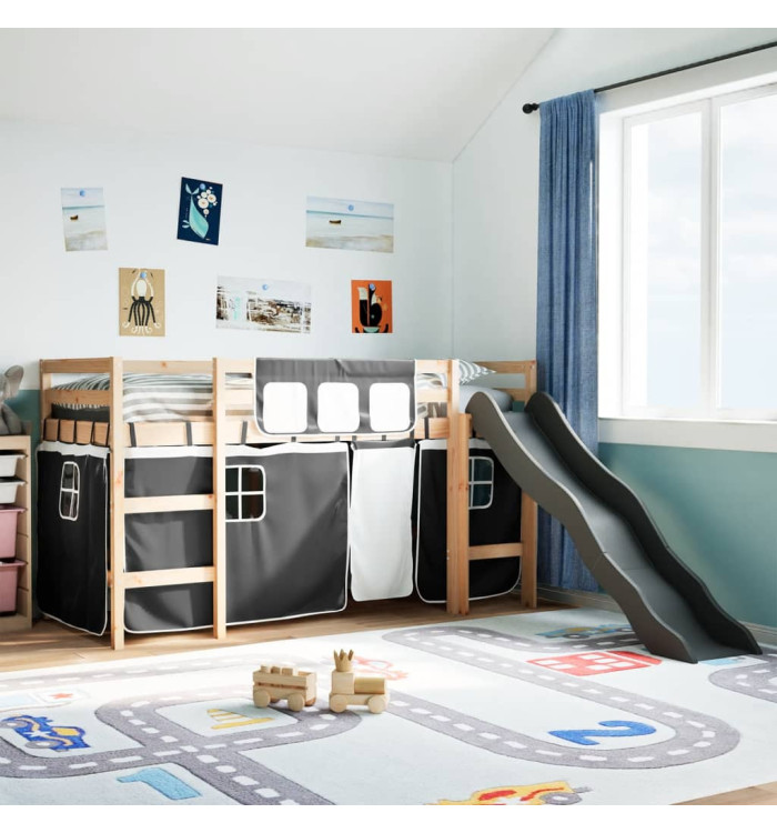 Lit mezzanine enfants et rideaux blanc/noir 80x200cm pin massif | Mobilier & Déco
