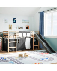 Lit mezzanine enfants et rideaux blanc/noir 80x200cm pin massif | Mobilier & Déco
