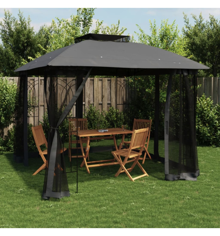 Tonnelle avec double toit et parois en filet anthracite acier | Mobilier & Déco