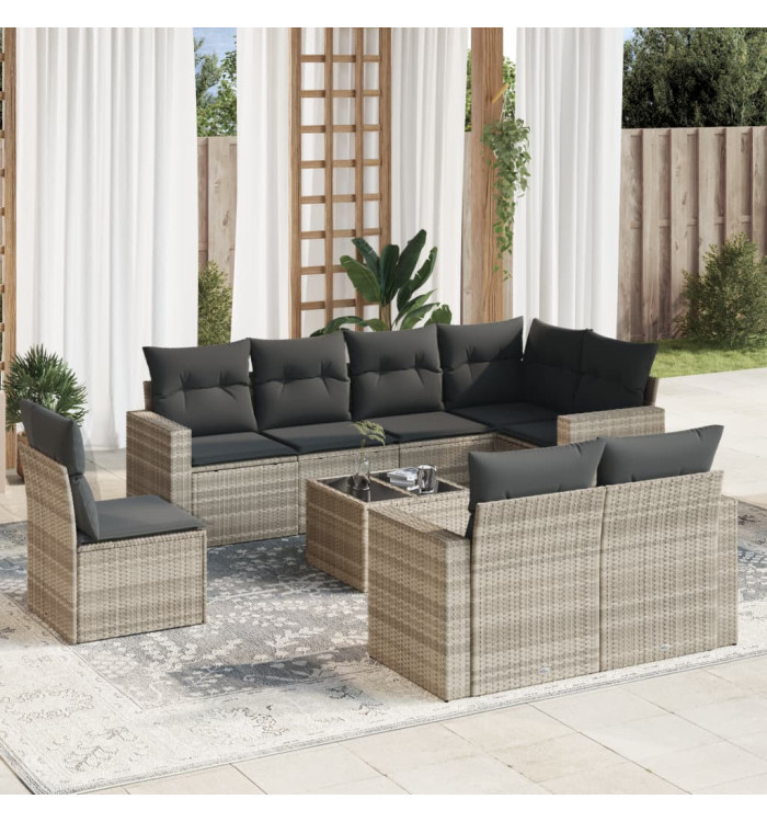 Salon de jardin 9 pcs avec coussins gris clair résine tressée | Mobilier & Déco