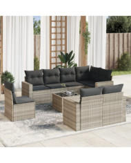 Salon de jardin 9 pcs avec coussins gris clair résine tressée | Mobilier & Déco