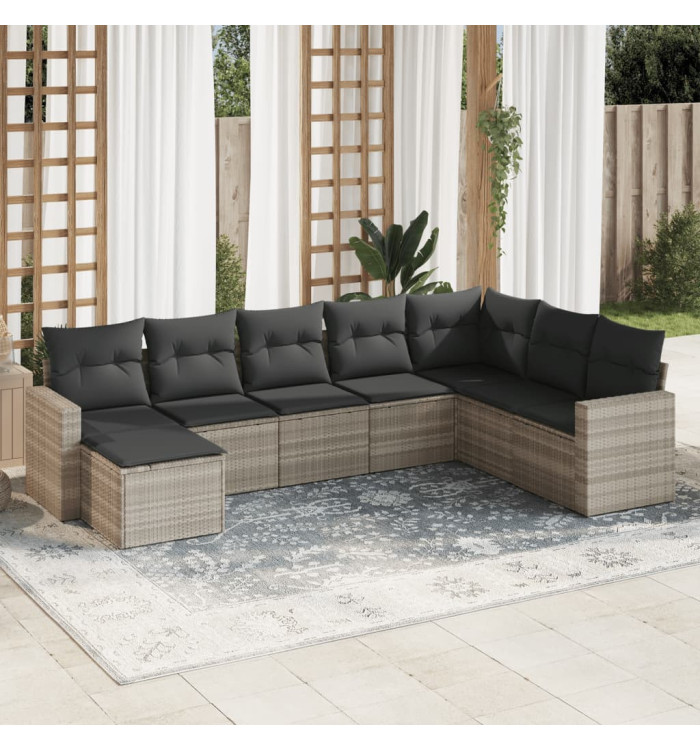 Salon de jardin 8 pcs avec coussins gris clair résine tressée | Mobilier & Déco