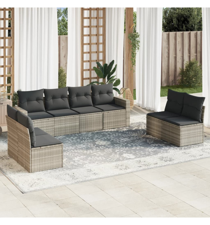 Salon de jardin 8 pcs avec coussins gris clair résine tressée | Mobilier & Déco