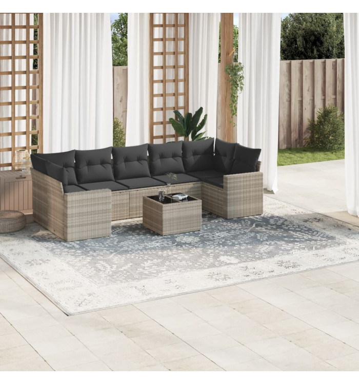 Salon de jardin 8 pcs avec coussins gris clair résine tressée | Mobilier & Déco