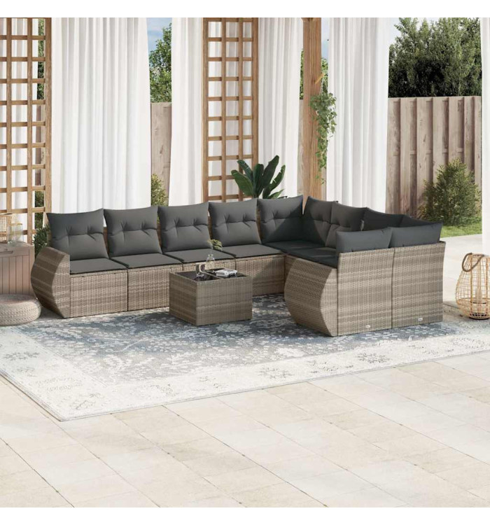 Salon de jardin avec coussins 10 pcs gris clair résine tressée | Mobilier & Déco