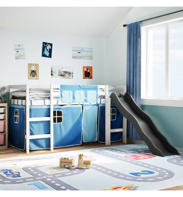 Lit mezzanine enfants et rideaux bleu 90x200cm bois pin massif | Mobilier & Déco