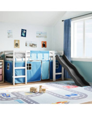 Lit mezzanine enfants et rideaux bleu 90x200cm bois pin massif | Mobilier & Déco