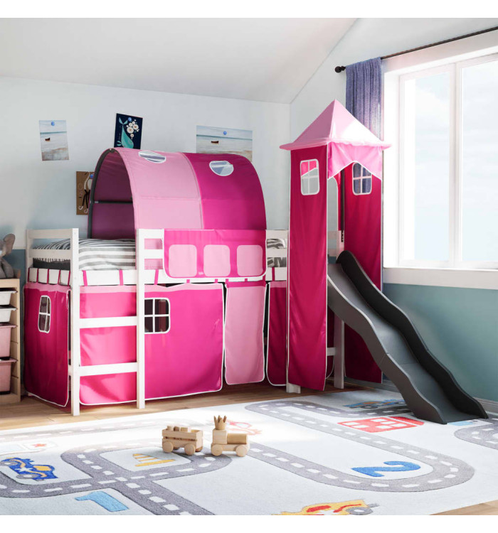 Lit mezzanine enfants avec tour rose 90x200 cm bois pin massif | Mobilier & Déco