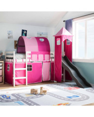 Lit mezzanine enfants avec tour rose 90x200 cm bois pin massif | Mobilier & Déco