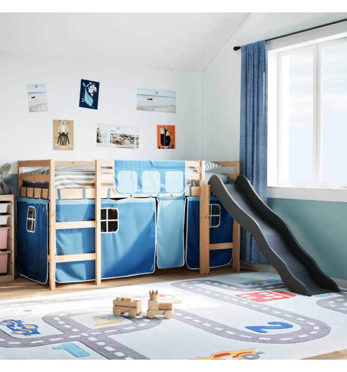 Lit mezzanine enfants et rideaux bleu 90x190cm bois pin massif | Mobilier & Déco