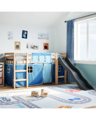 Lit mezzanine enfants et rideaux bleu 90x190cm bois pin massif | Mobilier & Déco