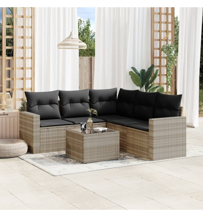 Salon de jardin 6 pcs avec coussins gris clair résine tressée | Mobilier & Déco