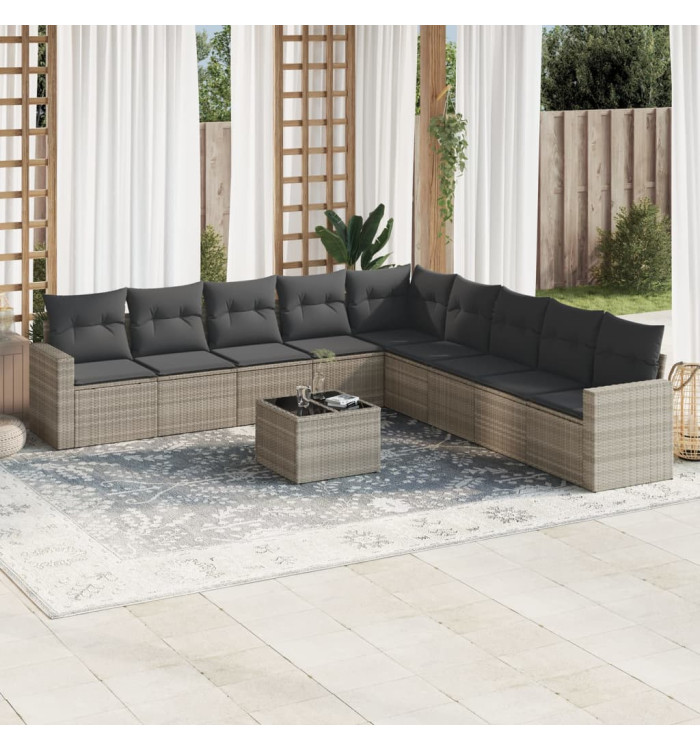 Salon de jardin avec coussins 10 pcs gris clair résine tressée | Mobilier & Déco