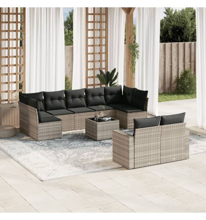 Salon de jardin avec coussins 10 pcs gris clair résine tressée | Mobilier & Déco
