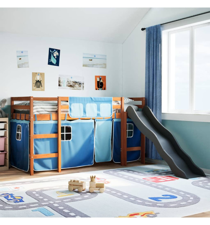 Lit mezzanine enfants et rideaux bleu 90x190cm bois pin massif | Mobilier & Déco