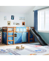 Lit mezzanine enfants et rideaux bleu 90x190cm bois pin massif | Mobilier & Déco