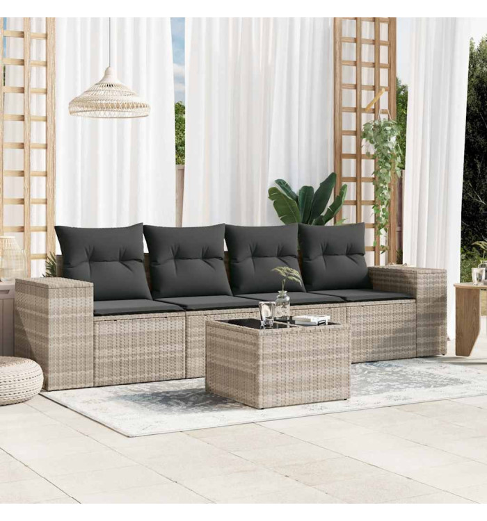 Salon de jardin 5 pcs avec coussins gris clair résine tressée | Mobilier & Déco