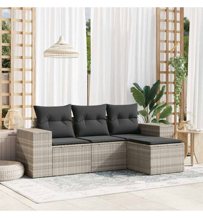 Salon de jardin 4 pcs avec coussins gris clair résine tressée | Mobilier & Déco