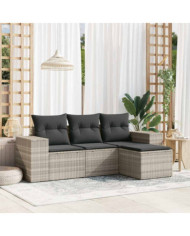 Salon de jardin 4 pcs avec coussins gris clair résine tressée | Mobilier & Déco