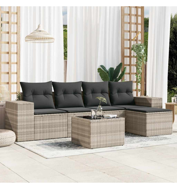 Salon de jardin 6 pcs avec coussins gris clair résine tressée | Mobilier & Déco