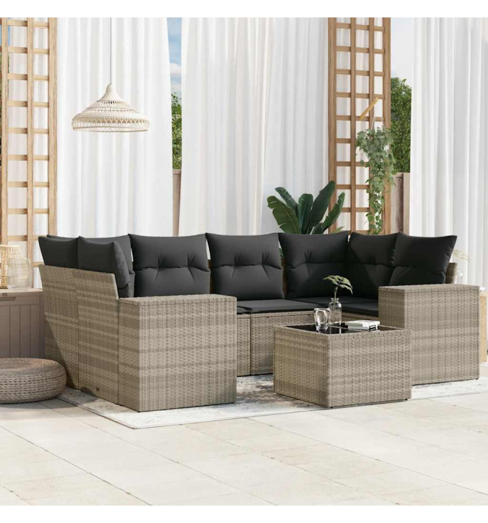 Salon de jardin avec coussins 7 pcs gris clair résine tressée | Mobilier & Déco
