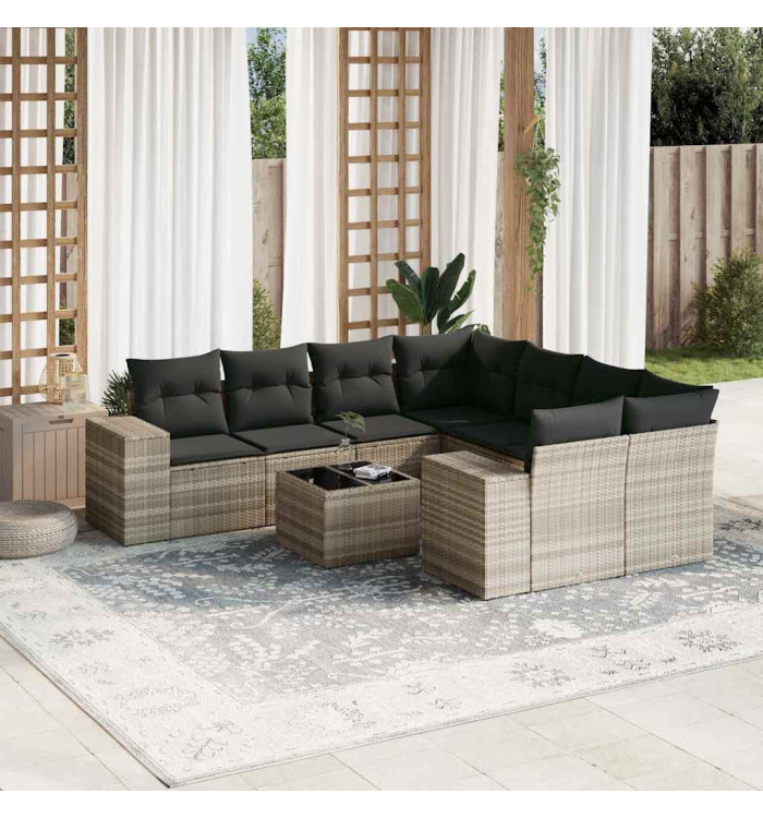 Salon de jardin 9 pcs avec coussins gris clair résine tressée | Mobilier & Déco