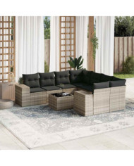 Salon de jardin 9 pcs avec coussins gris clair résine tressée | Mobilier & Déco