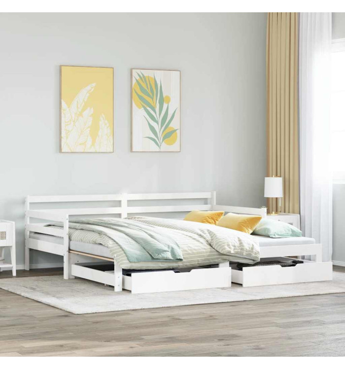 Lit de jour avec gigogne et tiroirs sans matelas blanc 90x200cm | Mobilier & Déco