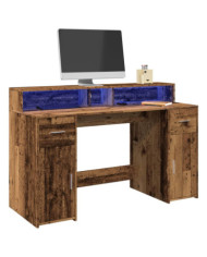 Bureau avec lumières LED vieux bois bois d'ingénierie | Mobilier & Déco