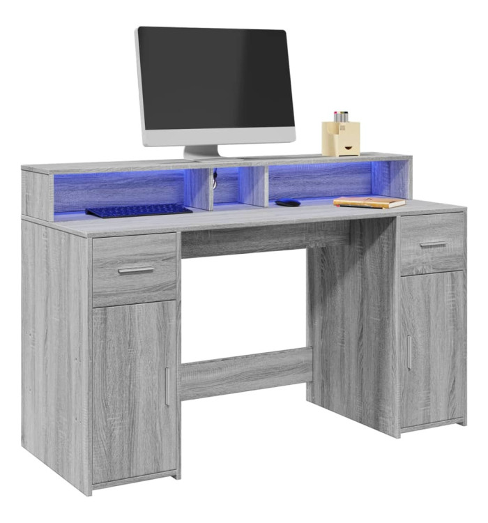 Bureau et lumières LED sonoma gris 140x55x91 cm bois ingénierie | Mobilier & Déco