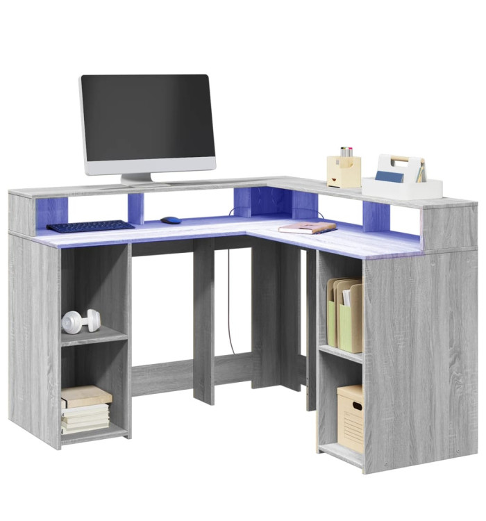 Bureau et lumières LED sonoma gris 130x130x91cm bois ingénierie | Mobilier & Déco