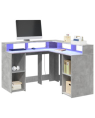 Bureau et lumières LED gris béton 130x130x91cm bois ingénierie | Mobilier & Déco