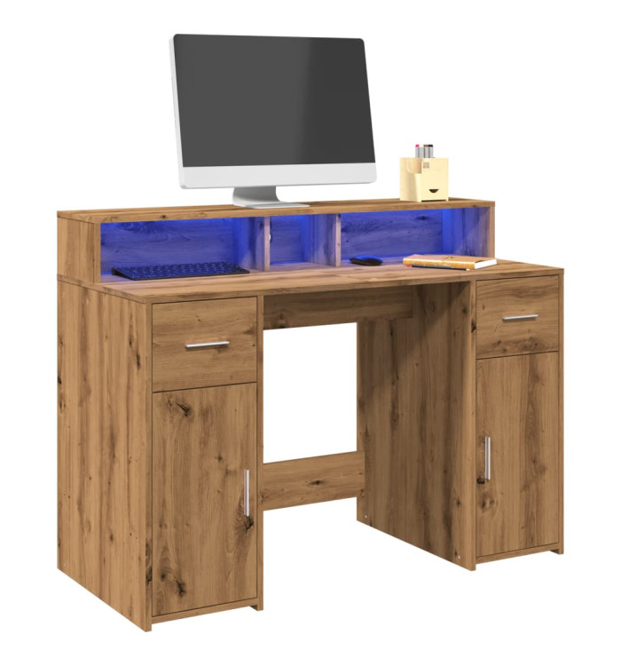 Bureau avec lumières LED chêne artisanal bois d'ingénierie | Mobilier & Déco