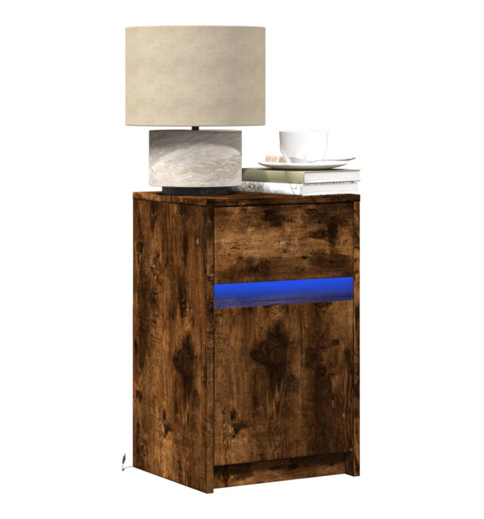 Armoire de chevet et lumières LED chêne fumé bois d'ingénierie | Mobilier & Déco