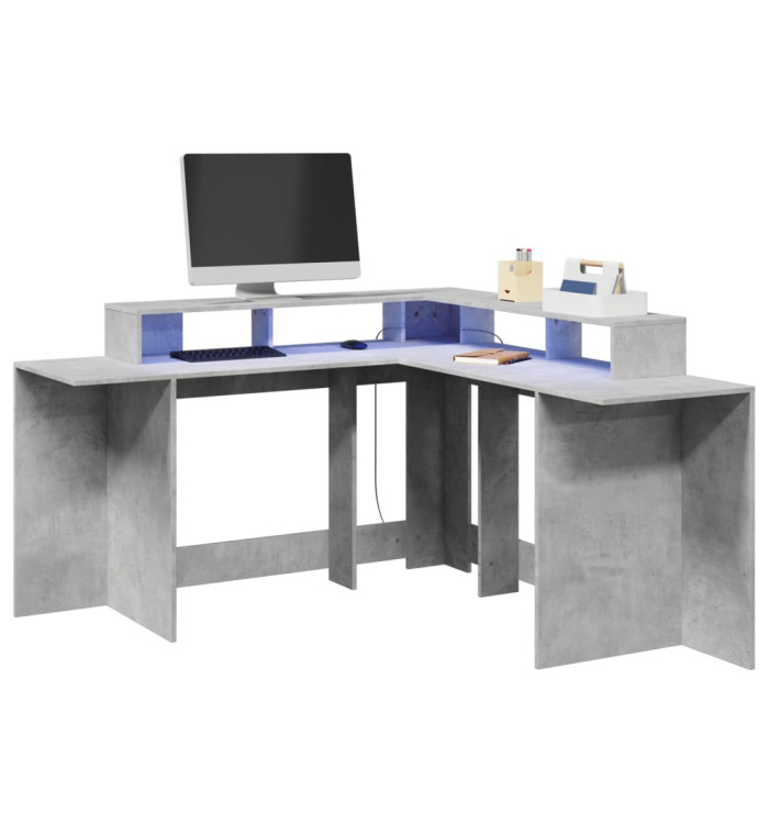 Bureau et lumières LED gris béton 152x152x91cm bois ingénierie | Mobilier & Déco