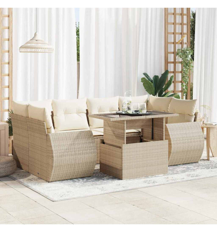 Salon de jardin avec coussins 7 pcs beige résine tressée | Mobilier & Déco