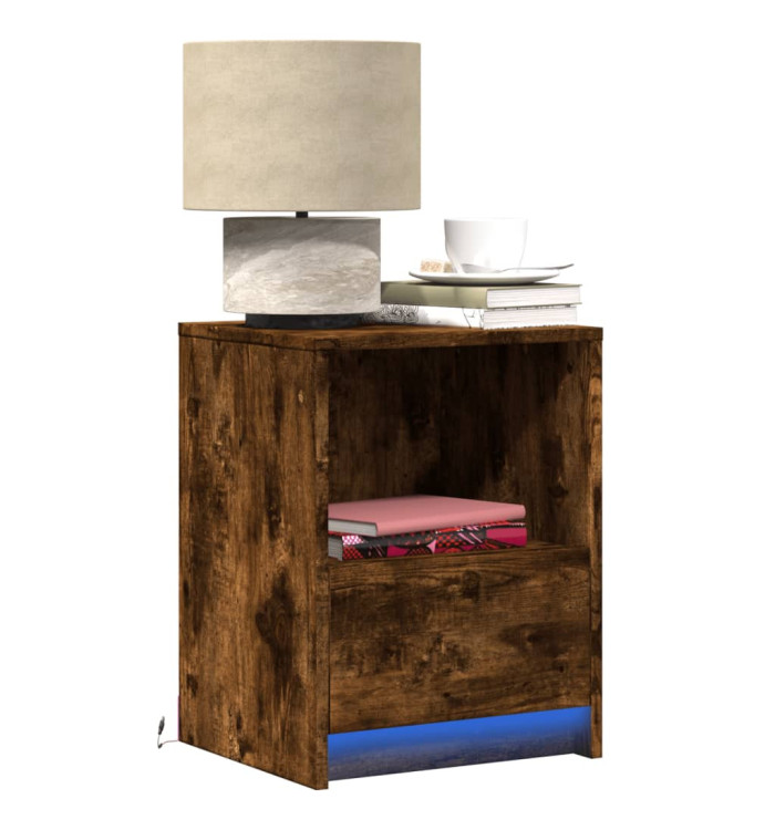 Armoire de chevet et lumières LED chêne fumé bois d'ingénierie | Mobilier & Déco