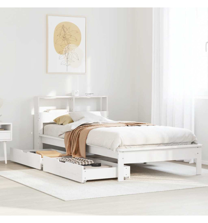 Lit bibliothèque sans matelas blanc 90x190cm bois de pin massif | Mobilier & Déco