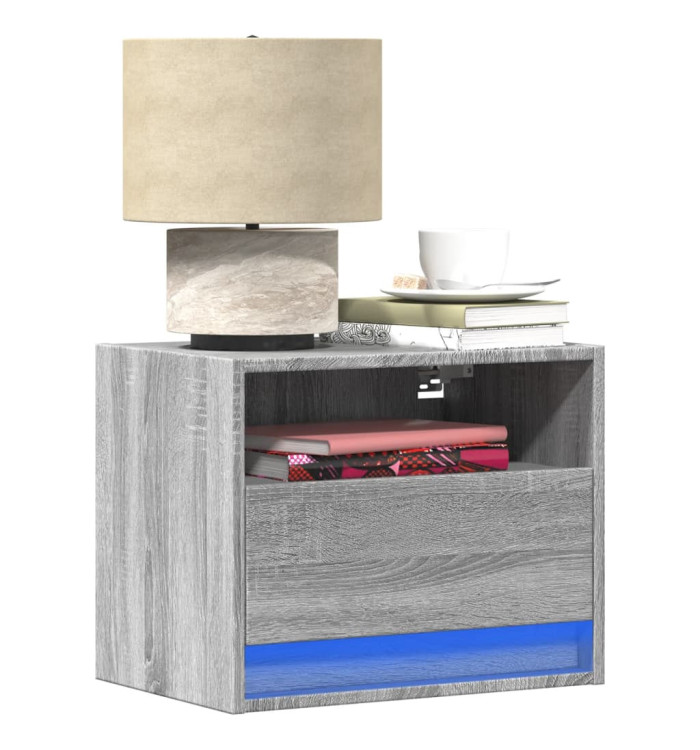 Table de chevet murale avec lumières LED sonoma gris | Mobilier & Déco