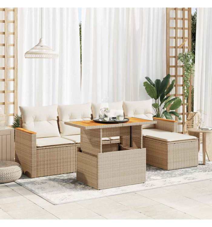 Salon de jardin 6 pcs avec coussins beige résine tressée acacia | Mobilier & Déco