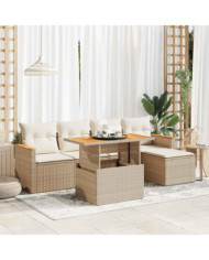 Salon de jardin 6 pcs avec coussins beige résine tressée acacia | Mobilier & Déco