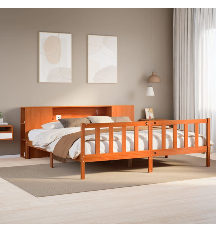Lit bibliothèque sans matelas cire marron 200x200 cm pin massif | Mobilier & Déco
