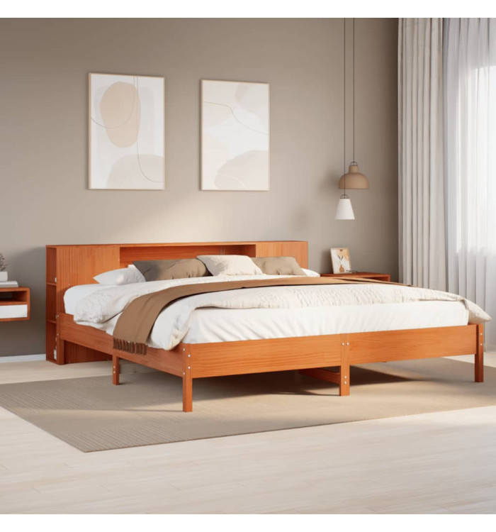 Lit bibliothèque sans matelas cire marron 200x200 cm pin massif | Mobilier & Déco